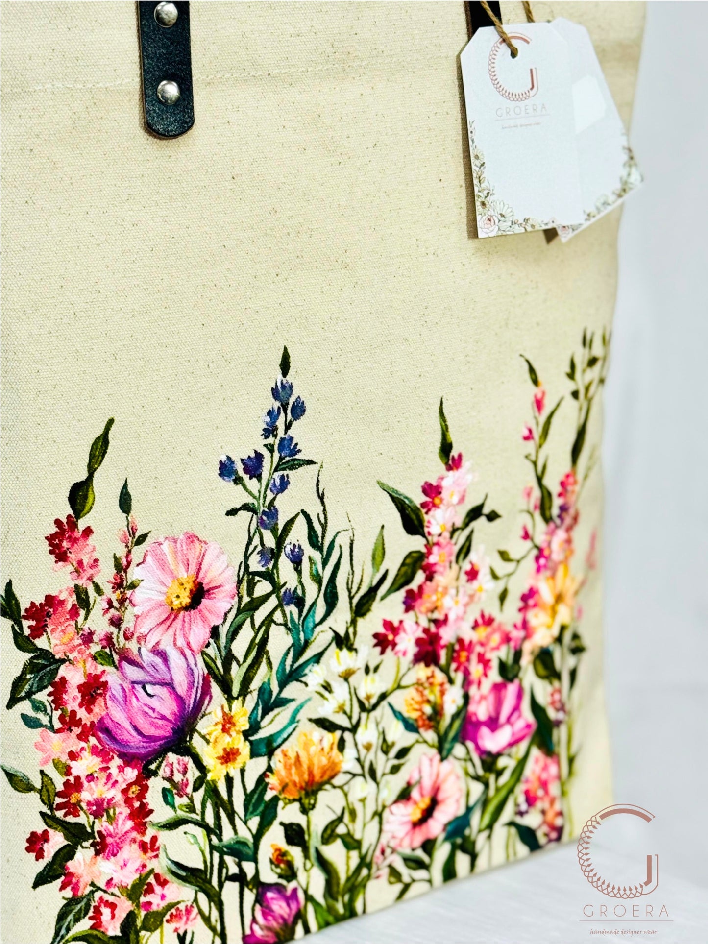 Hand Painted Wildflower Reverie Tote Bag close up