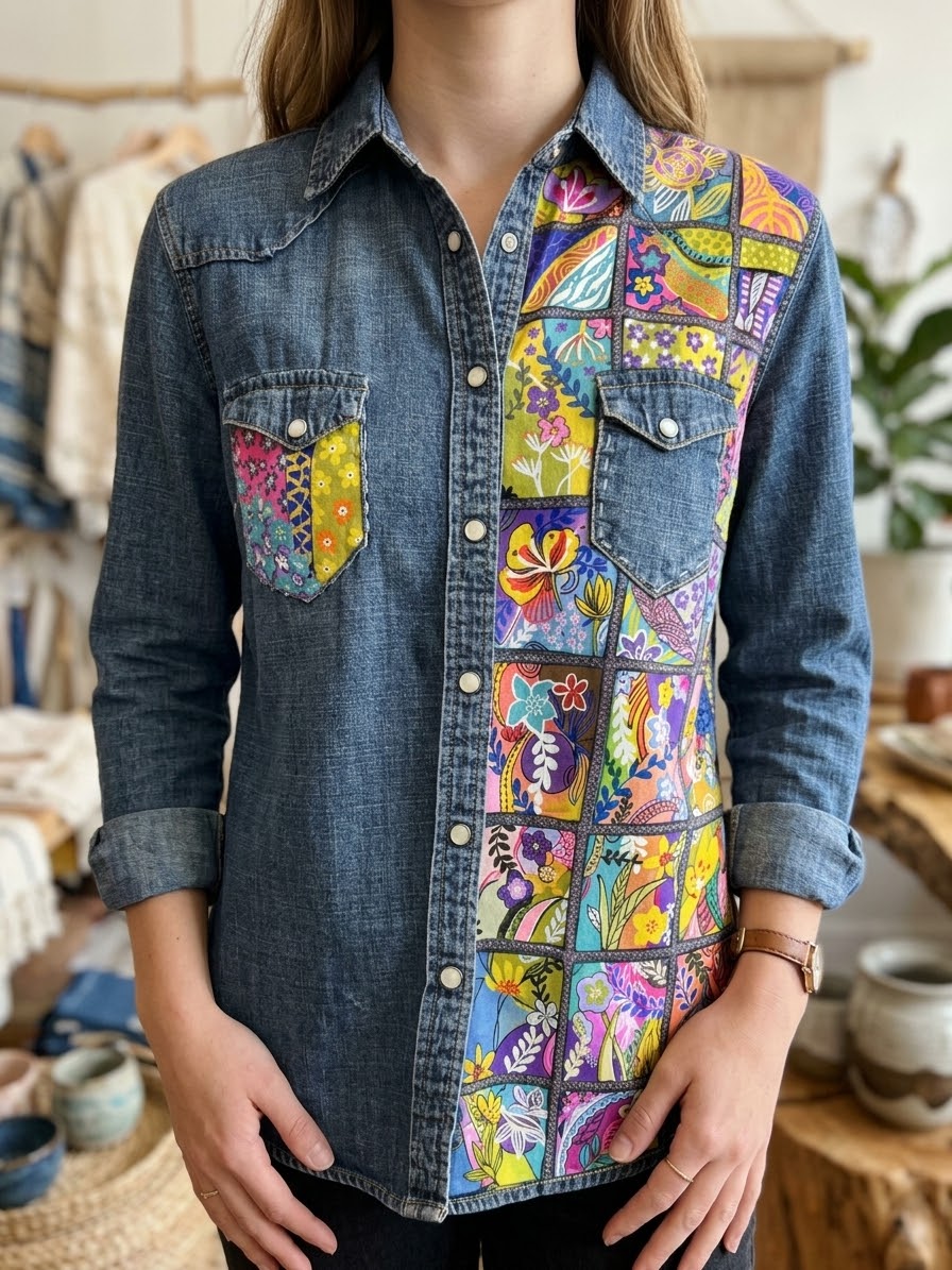 Enchanted Garden Denim Top | Hand Painted Upcycled Denim Shirt | (UK12)