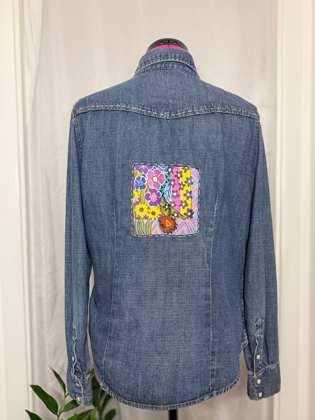 Enchanted Garden Denim Top | Hand Painted Upcycled Denim Shirt | (UK12)
