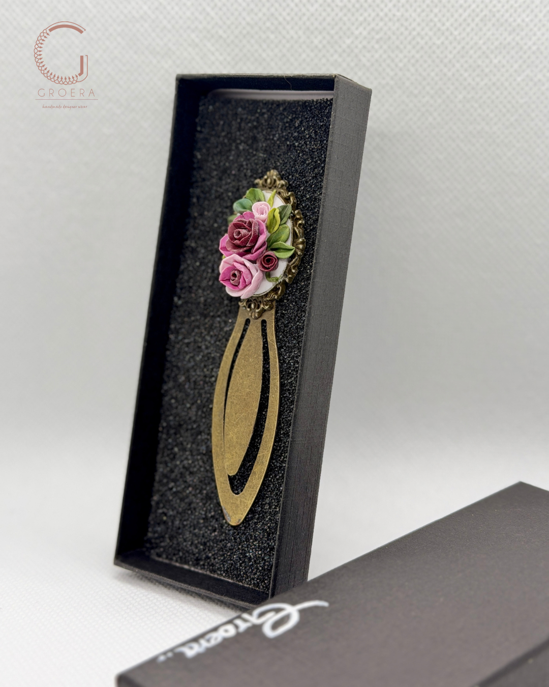 Rose Garden handmade polymer clay bookmark with pink roses and antique gold-tone floral detail