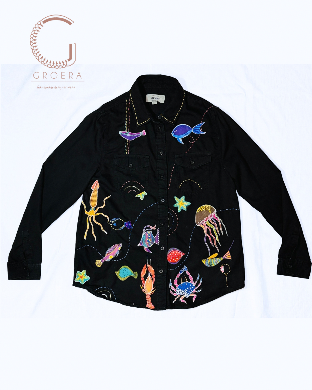 Midnight Ocean Reverie – Hand-Painted Upcycled Denim Shirt (UK 12)