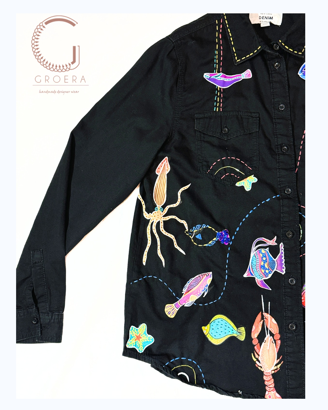 Midnight Ocean Reverie – Hand-Painted Upcycled Denim Shirt (UK 12)