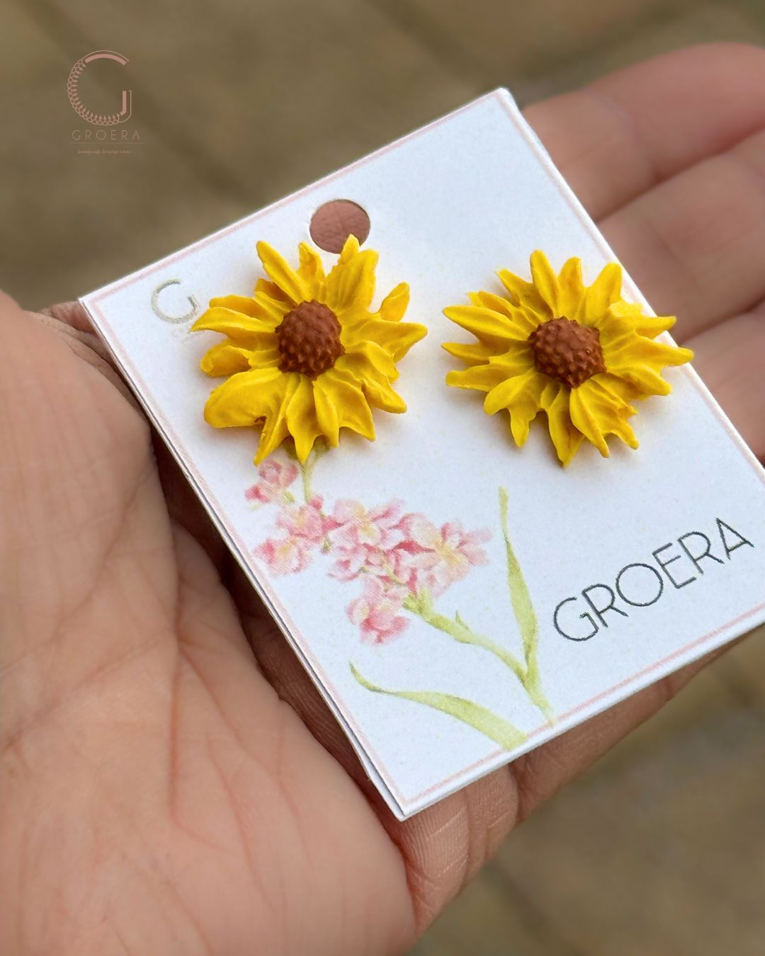 Handmade sunflower polymer clay earrings with gold-plated studs