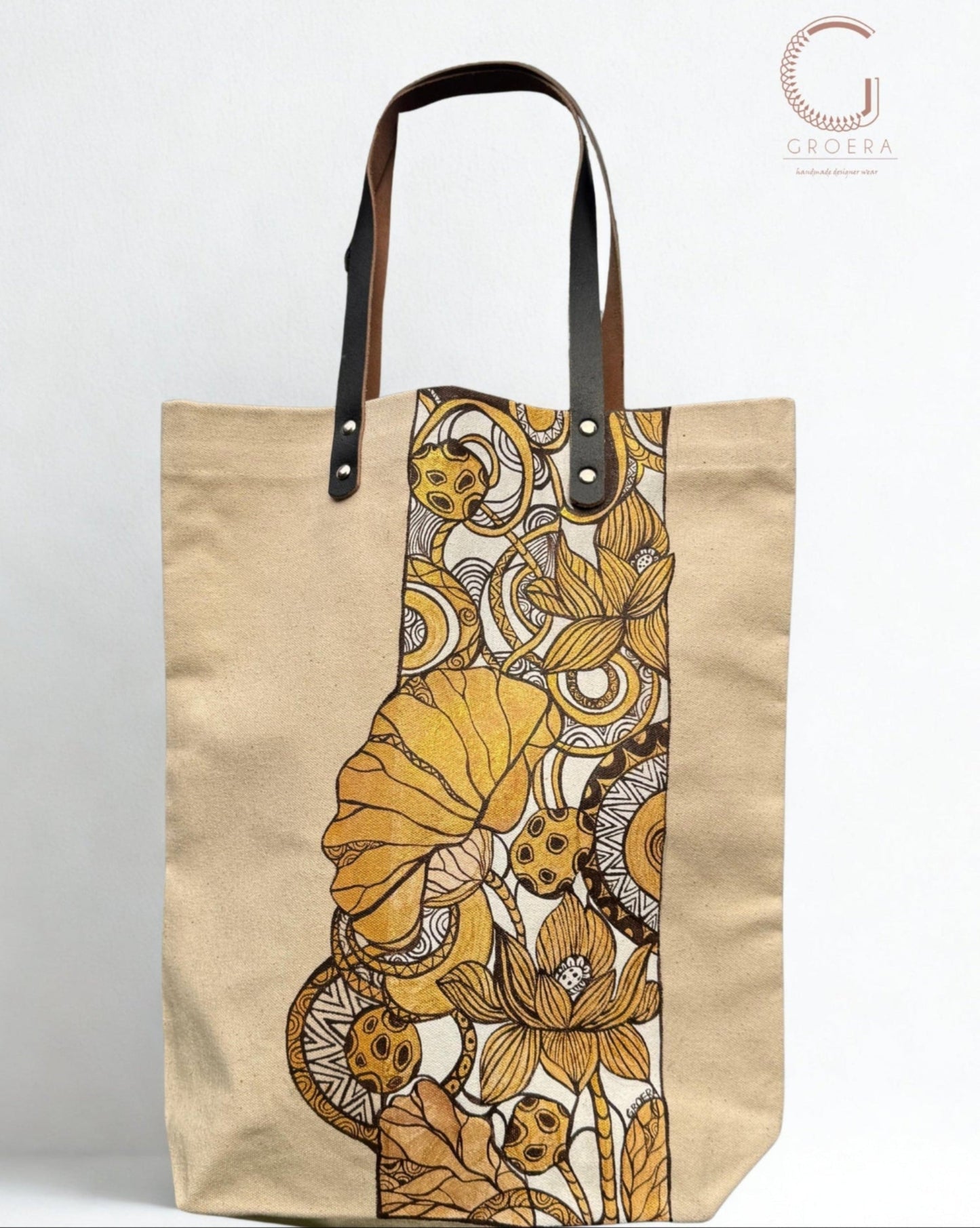 Painted Abstract Golden Lotus Tote Bag - hand painted tote bag front