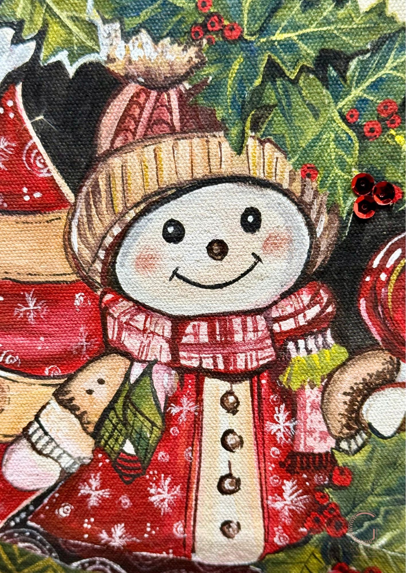 Christmas-themed tote bag with decorative elements on a festive background