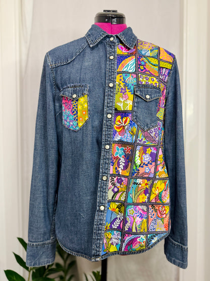 Enchanted Garden Denim Top | Hand Painted Upcycled Denim Shirt | (UK12)