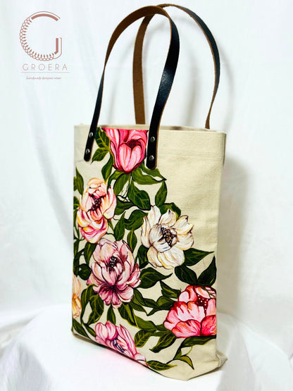 Painted Peony Romance Tote Bag  - Hand painted tote bag side