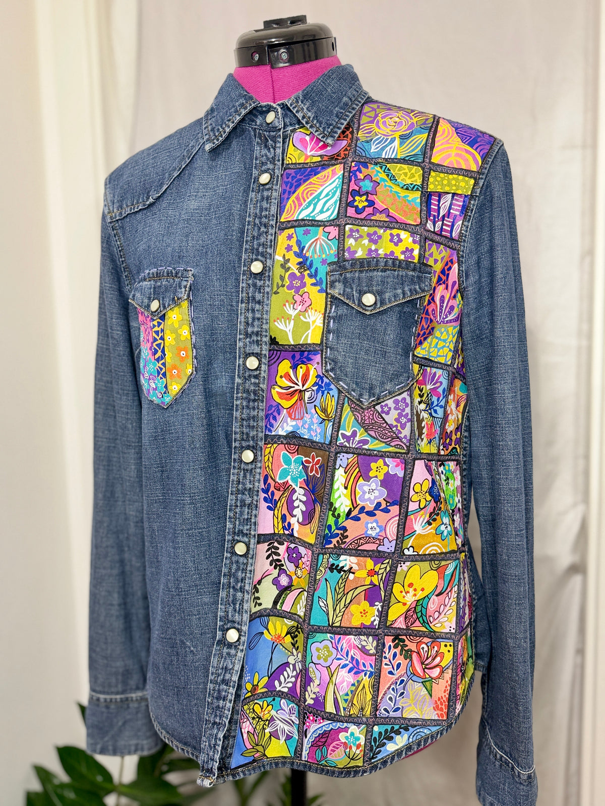 Enchanted Garden Denim Top | Hand Painted Upcycled Denim Shirt | (UK12)