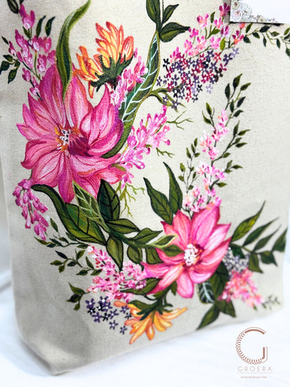 Painted Blooming Dahlia tote bag hand painted tote bag close up