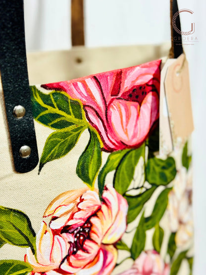 Painted Peony Romance Tote Bag  - Hand painted tote bag close up