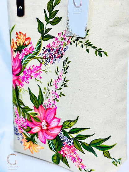 Painted Blooming Dahlia tote bag hand painted tote bag close up 2