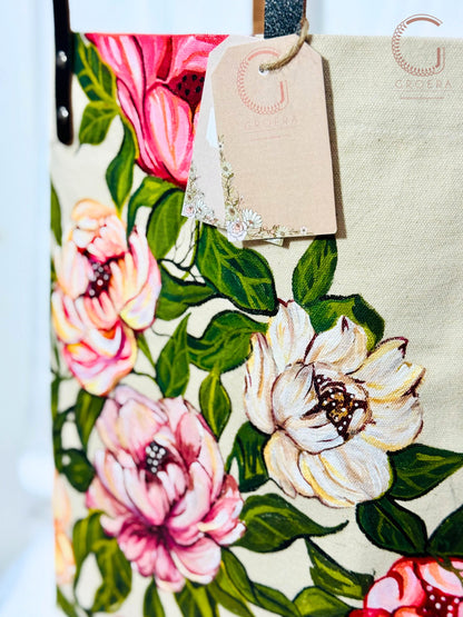 Painted Peony Romance Tote Bag  - Hand painted tote bag close up