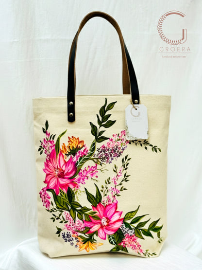 Painted Blooming Dahlia tote bag hand painted tote bag front