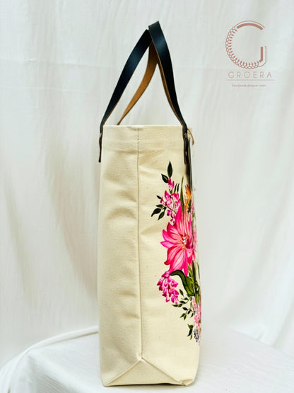 Painted Blooming Dahlia tote bag hand painted tote bag Side