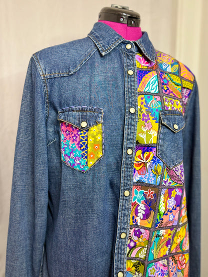 Enchanted Garden Denim Top | Hand Painted Upcycled Denim Shirt | (UK12)
