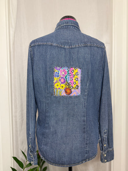 Enchanted Garden Denim Top | Hand Painted Upcycled Denim Shirt | (UK12)