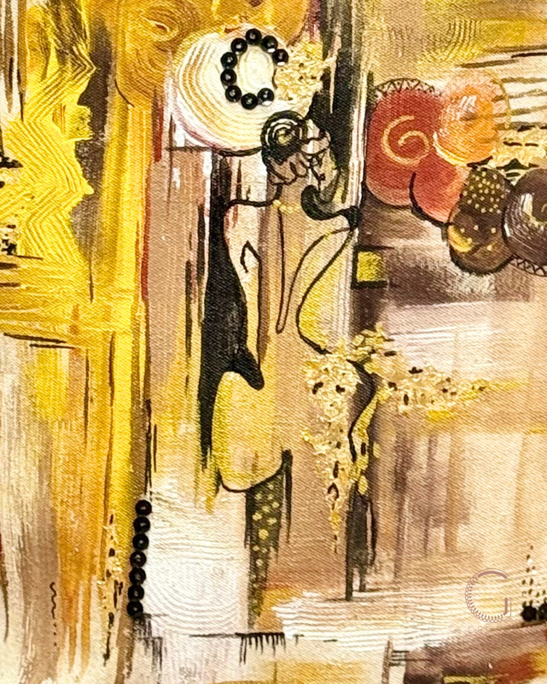 Abstract artwork with black, yellow, and red elements on a textured background