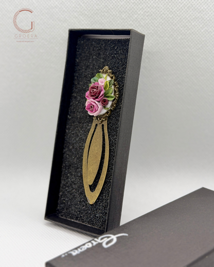 Rose Garden handmade polymer clay bookmark with pink roses and antique gold-tone floral detail
