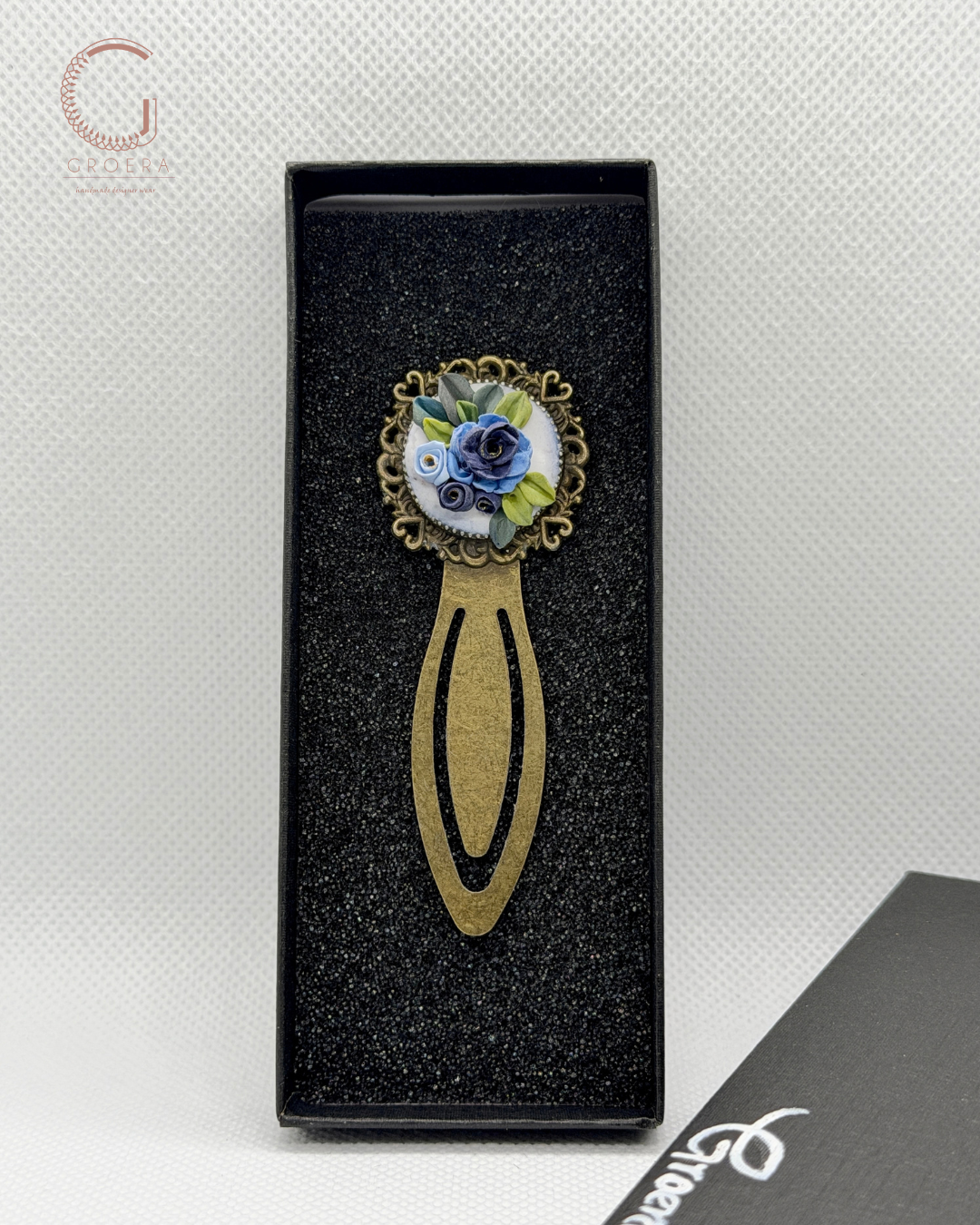 Blue Garden Heirloom handmade polymer clay floral bookmark with antique bronze botanical design