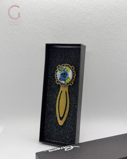 Blue Garden Heirloom handmade polymer clay floral bookmark