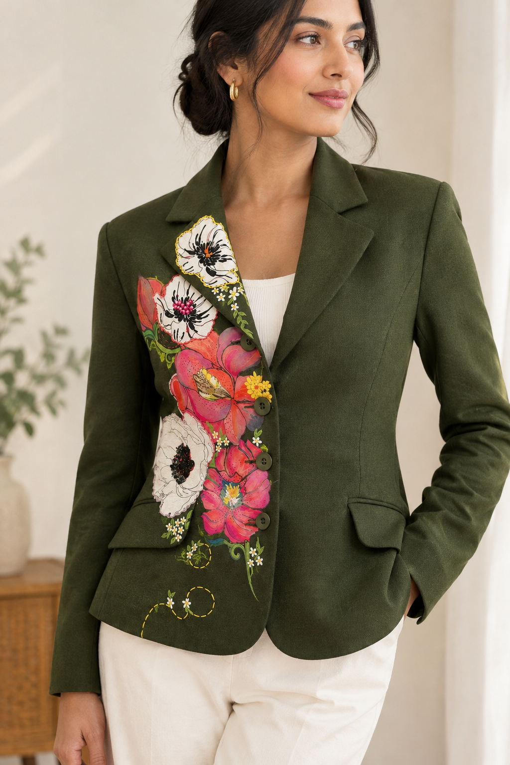 A woman wearing an olive green blazer with a large, colorful floral print on the front panel, styled with a white top and white pants.