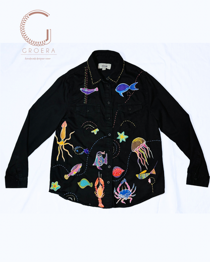 Midnight Ocean Reverie – Hand-Painted Upcycled Denim Shirt (UK 12)