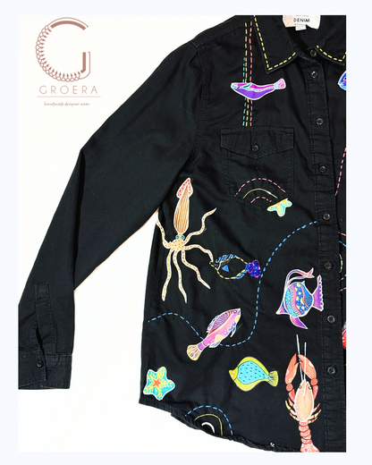 Midnight Ocean Reverie – Hand-Painted Upcycled Denim Shirt (UK 12)