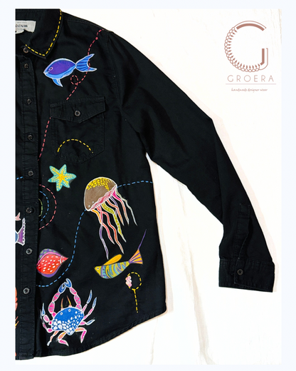Midnight Ocean Reverie – Hand-Painted Upcycled Denim Shirt (UK 12)