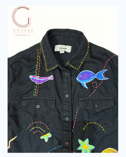Midnight Ocean Reverie – Hand-Painted Upcycled Denim Shirt (UK 12)