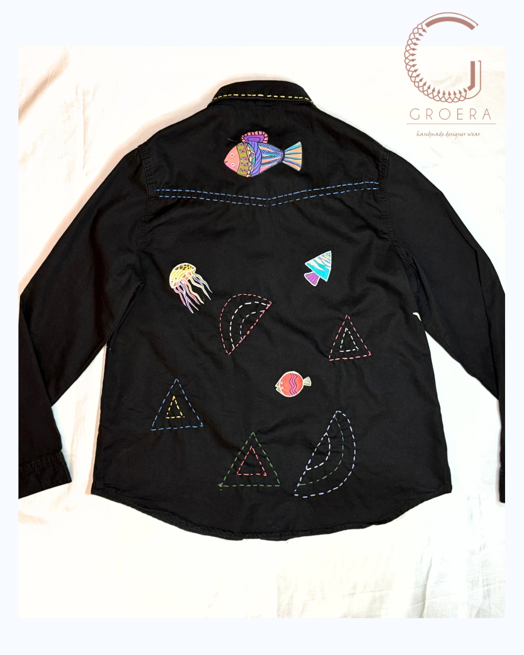 Midnight Ocean Reverie – Hand-Painted Upcycled Denim Shirt (UK 12)