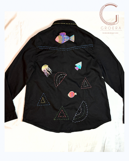 Midnight Ocean Reverie – Hand-Painted Upcycled Denim Shirt (UK 12)
