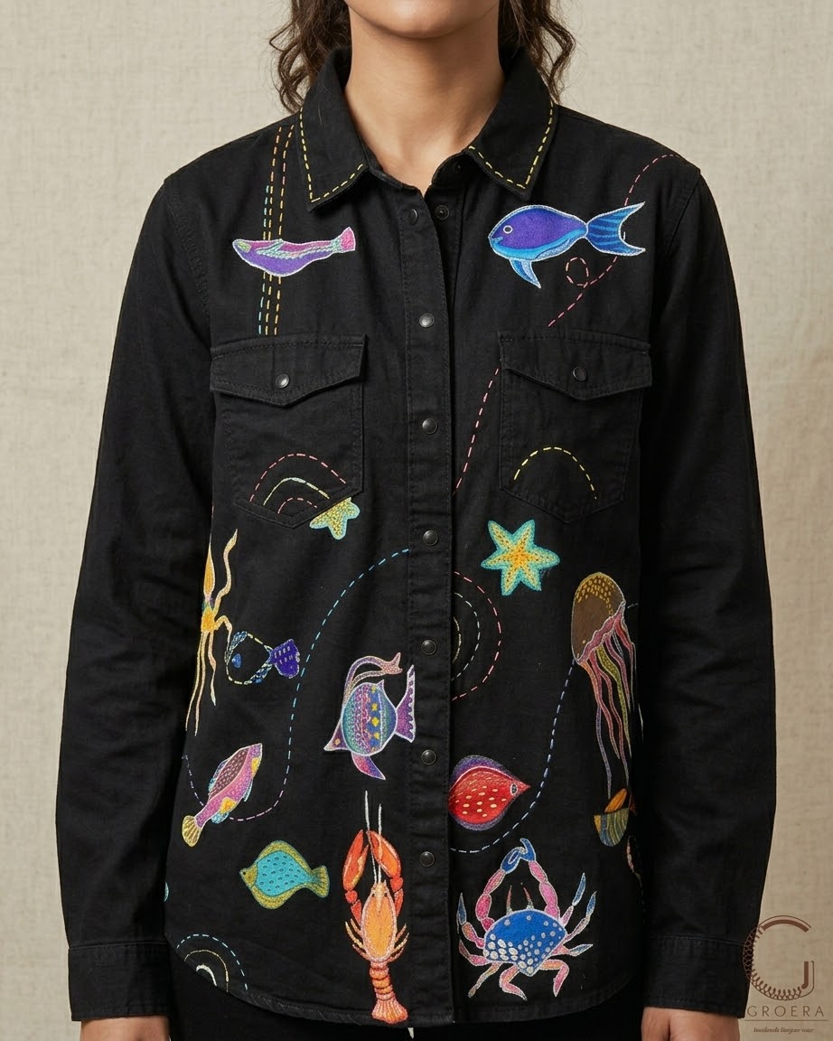 Midnight Ocean Reverie – Hand-Painted Upcycled Denim Shirt (UK 12)
