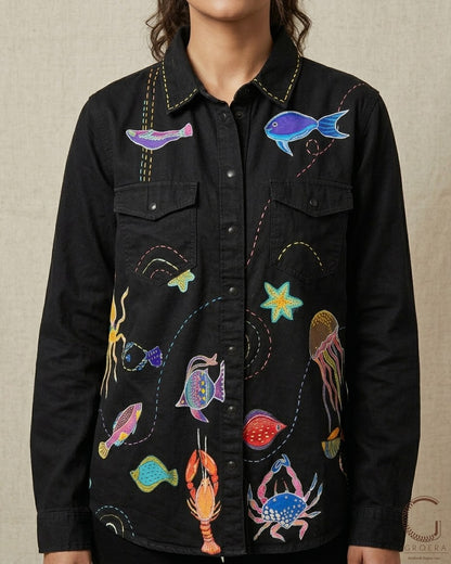 Midnight Ocean Reverie – Hand-Painted Upcycled Denim Shirt (UK 12)