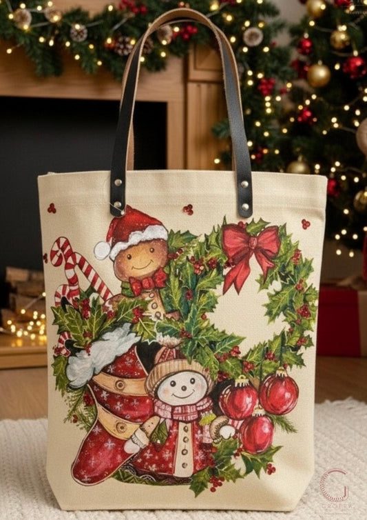 Christmas-themed tote bag with decorative elements on a festive background