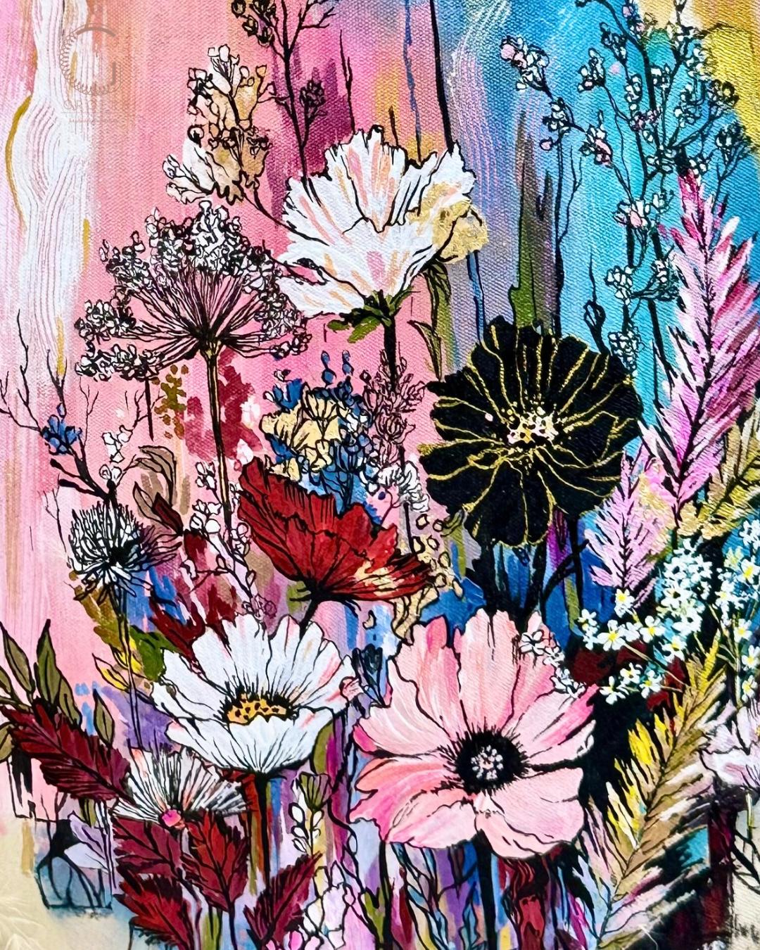 Colorful abstract painting of flowers with a pink and blue background