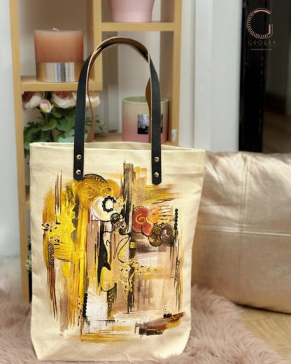 Abstract artwork with black, yellow, and red elements on a textured background