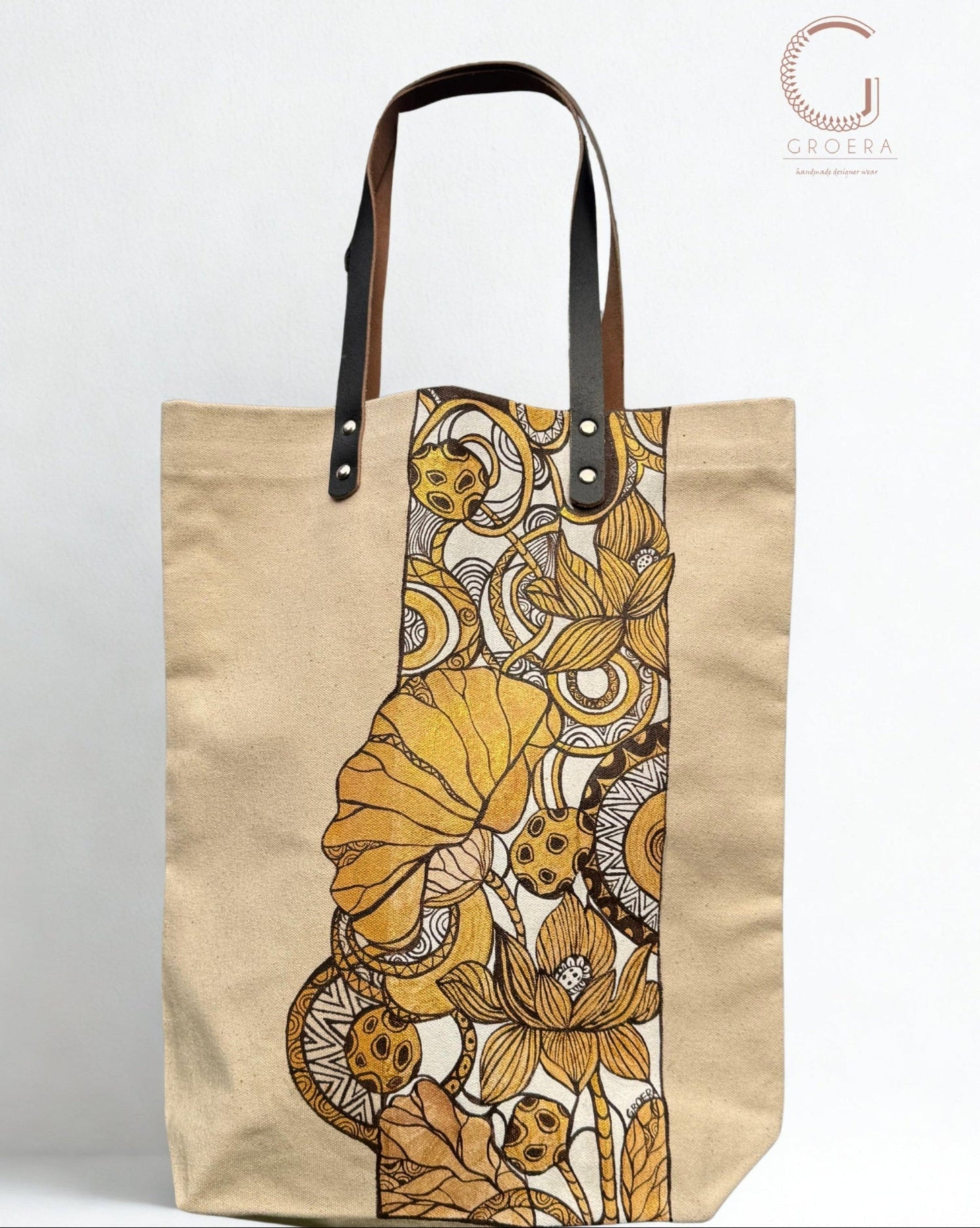 Painted Abstract Golden Lotus Tote Bag – Groera