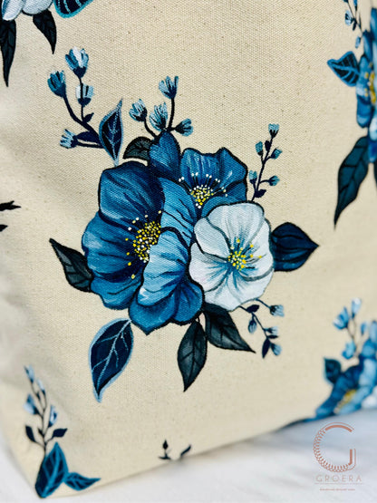 Painted Midnight Blossom Tote Bag - hand painted tote bag close up