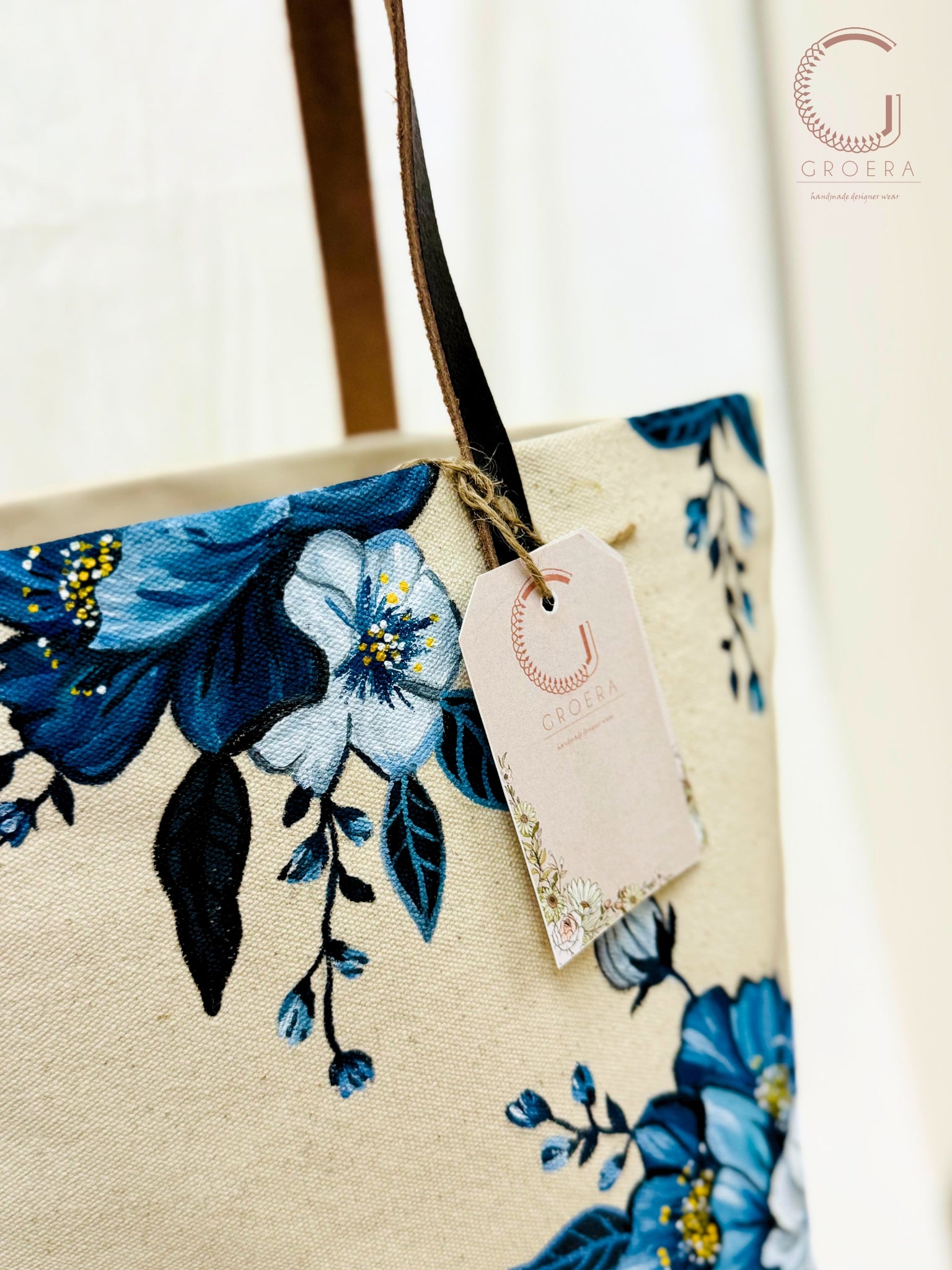 Painted Midnight Blossom Tote Bag - hand painted tote bag close up 2
